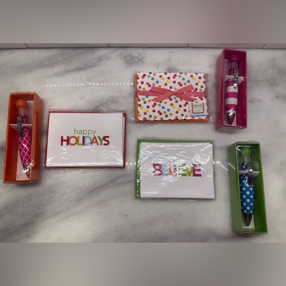 Pink, Red and Green Notecard Set, 3 matching ink pens included. NIB
